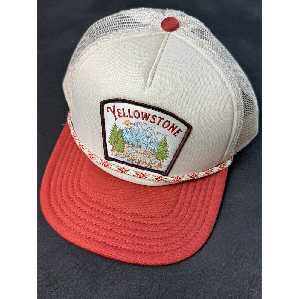 Mad Engine Yellowstone Trucker Hat OS Mens Red Cream Mesh Snapback Vintage Style